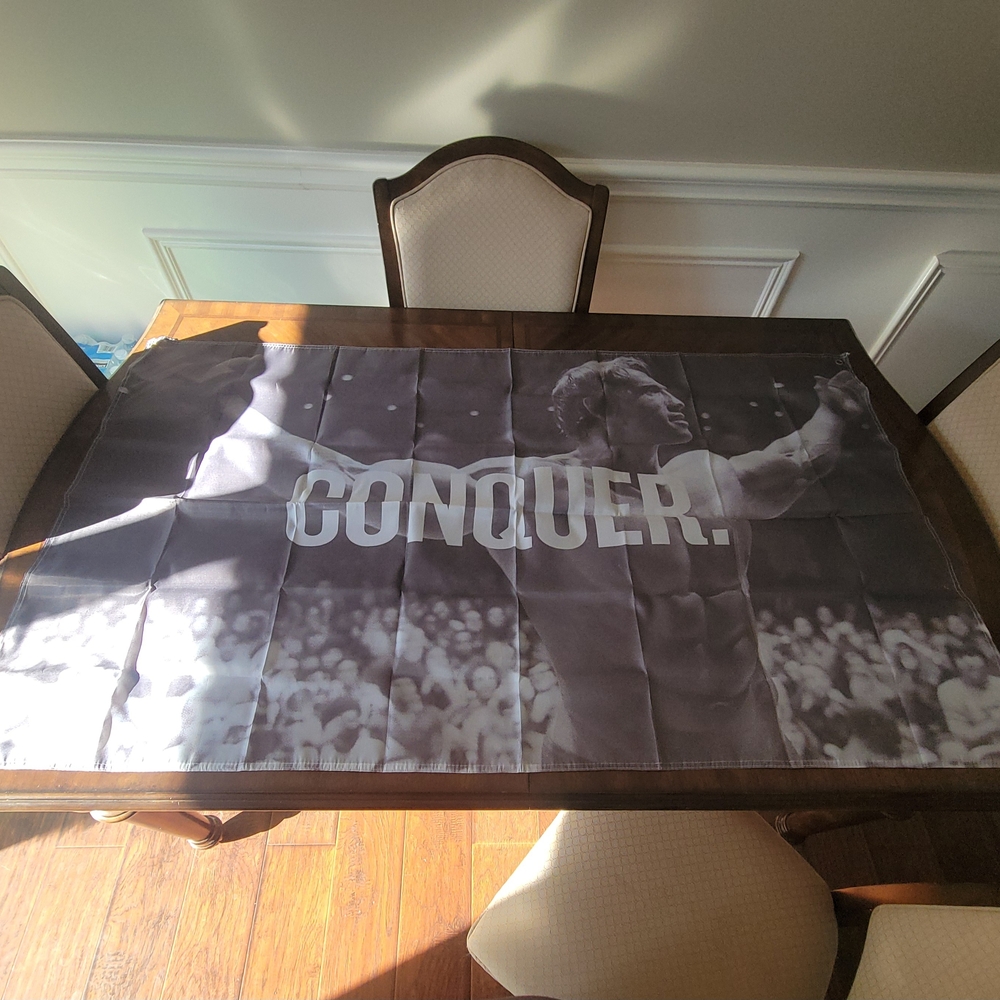 Black and White Arnold Schwarzenegger 'Conquer' Fitness Poster Flag